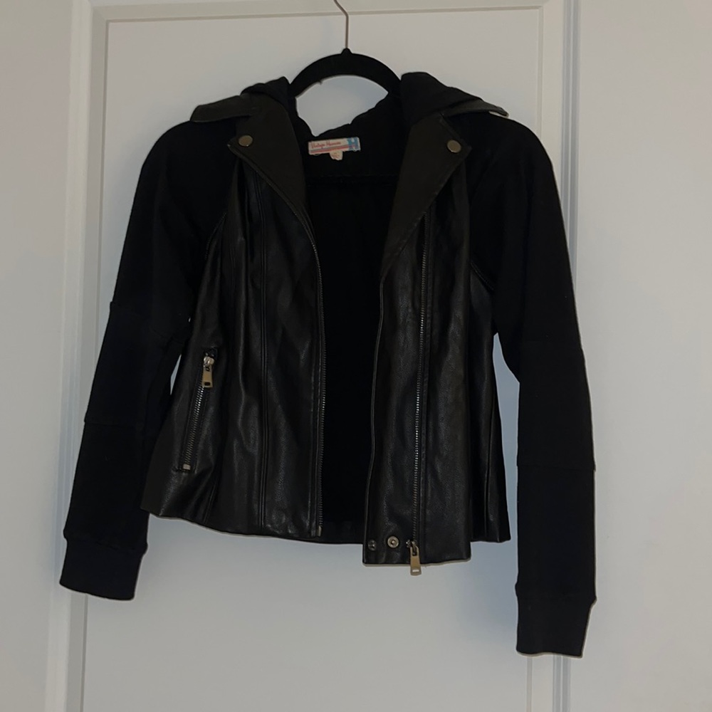 leather jacket with cotton sleeves and hood